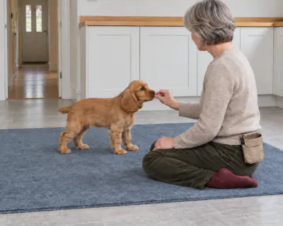 The woman holding a piece of food low beside her knee as the puppy takes it from her fingers.