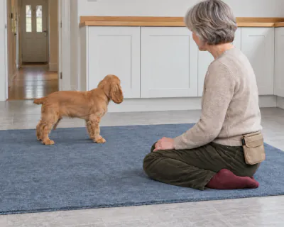 The puppy standing a step from the woman with its head turned towards the cabinets, while she sits still with empty hands on her knees.