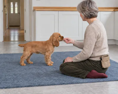 The puppy trotting in from the hallway doorway and reaching the woman on the kitchen rug, who holds a piece of food low for it.