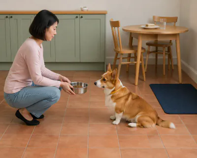 A red and white Corgi sitting on terracotta tiles in front of a crouching woman who holds a full steel bowl just above the floor.