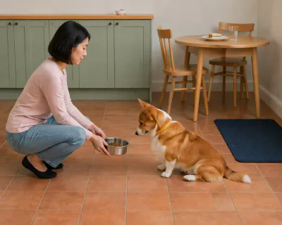 The woman lowering the bowl halfway to the floor while the Corgi stays sitting with its front paws still.