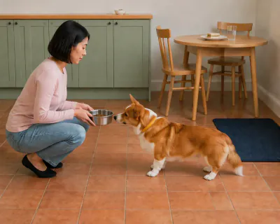 The Corgi stepping forward with one front paw while the woman calmly raises the bowl back to its starting height.