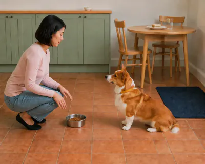 The full steel bowl resting on the tiles with the woman's hands just lifting off it, while the Corgi sits still and looks up at her.