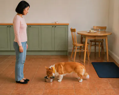 The Corgi walking forward to its bowl and lowering its head to eat while the woman stands up and steps back.