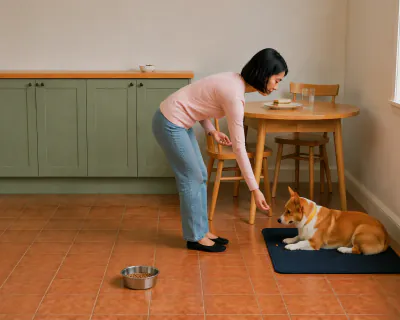The woman bending to place kibble between the paws of the Corgi lying on a navy mat by the wall, with a plate waiting on the table.