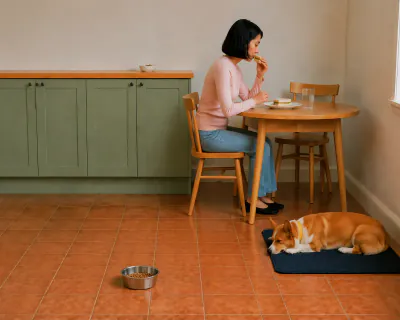 The woman eating a sandwich at the table while the Corgi lies relaxed on its mat by the wall two metres away.