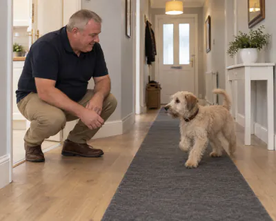 A pale wheaten terrier puppy trotting along a hallway towards a man who is crouching low with his hands resting near his knees.