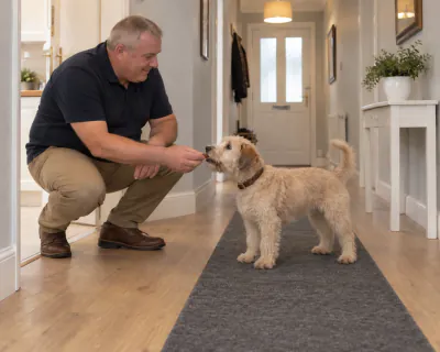 The puppy standing with all four paws on the runner and taking a piece of food from the crouching man's hand at its mouth height.