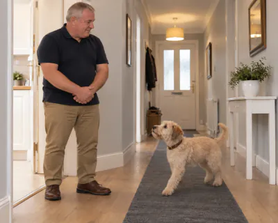 The man standing upright with his hands folded at his waist as the puppy drops back down from a jump, front paws landing on the runner.