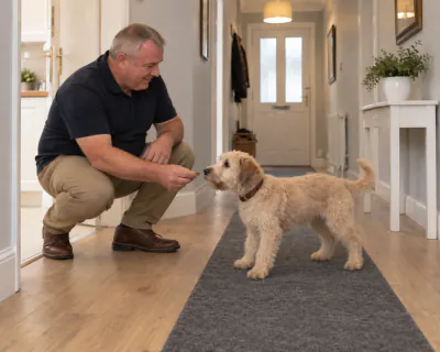The man lowering himself slowly into a crouch while the puppy stands still with four paws on the runner.