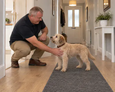 The crouching man stroking the side of the puppy's chest with one hand while the puppy stands relaxed with all four paws on the runner.