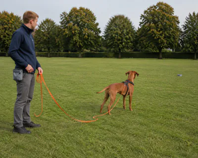 A russet Hungarian Vizsla on an orange long line standing on mown grass with its head turned towards a small grey container far off, while a man holds the line in loose folds.
