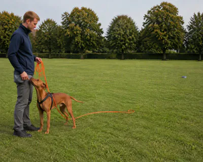 The Vizsla standing close against the man's left leg, taking food from his low hand, with the orange line lying slack on the grass behind it.