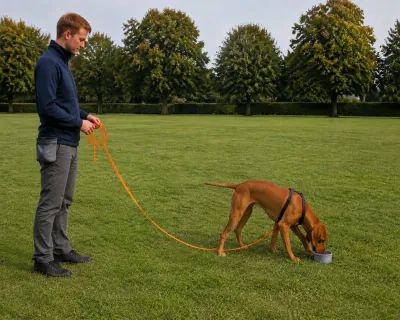 The Vizsla sniffing the closed grey container on the grass while the man stands beside it holding the orange line loosely in both hands.