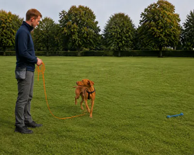 The Vizsla turning away from a blue rope toy lying on the grass about ten metres from the man and beginning to trot towards him.