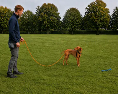 The man stepping backwards across the grass while gathering the orange line into his open palm, as the Vizsla lifts its head from the toy and looks round at him.