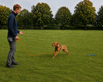 The Vizsla galloping towards the man across the field with the orange line trailing in loose curves behind it and the blue toy lying far off.