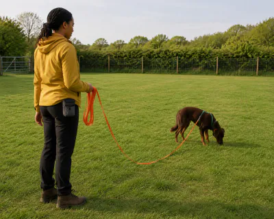A red Kelpie in a green harness sniffing the grass two metres from a woman holding an orange long line in loose folds.