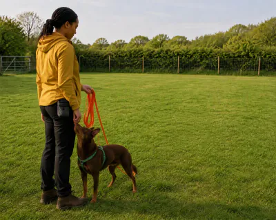 The Kelpie standing close against the woman's right leg, taking food from her hand held low at her trouser seam.