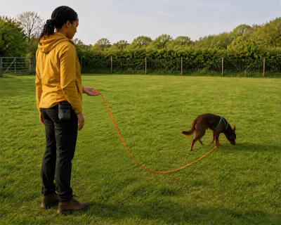 The Kelpie trotting away from the woman with its nose dropping to the grass, while the orange line slides out across her open palm.