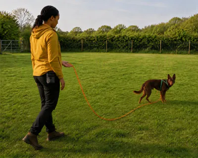 The woman stepping backwards over the grass while gathering the line, as the Kelpie five metres away lifts its head and begins to turn towards her.