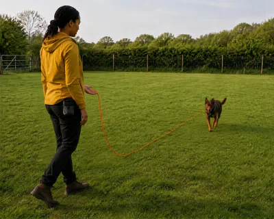 The Kelpie galloping back across the field from the far end of the orange long line as the woman gathers the slack into her palm.