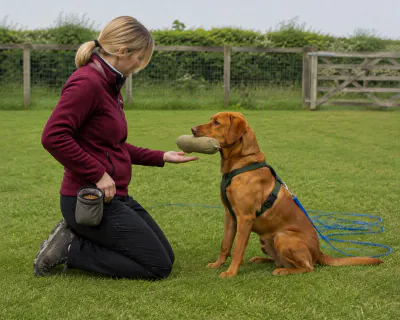 The Labrador holding the dummy on its own while the woman's open right hand waits a few centimetres beneath it, not touching.