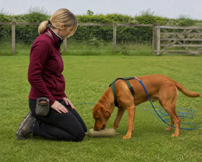 The Labrador lowering its head over the dummy lying on the grass, mouth opening above its middle, as the kneeling woman waits with her hands low.