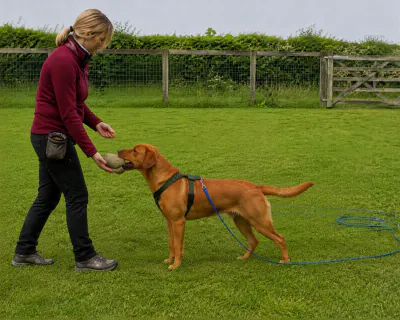 The woman's right hand cupped beneath the dummy as the Labrador's jaws open to let go, her left hand holding a piece of food just in front of its nose.