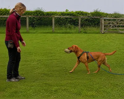 The Labrador trotting back across the grass with the dummy in its mouth, the blue long line trailing in loose curves behind it towards the woman.