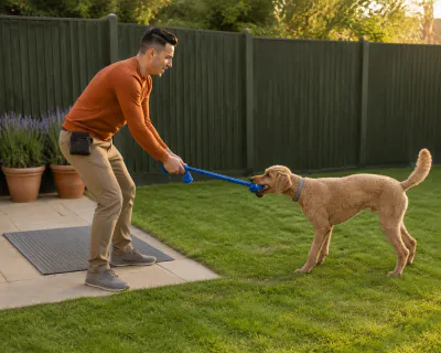 An apricot Standard Poodle reaching to take the knotted end of a long blue tug toy held low by a man at its far end.