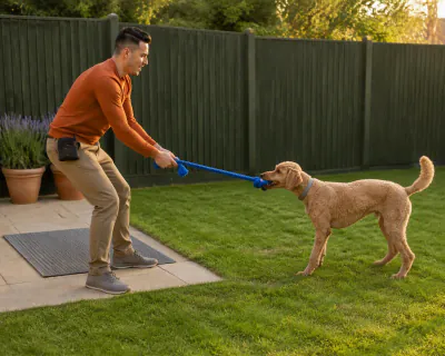 The poodle gripping one end of the tug toy and pulling back gently while the man holds the far end low, both bodies relaxed.