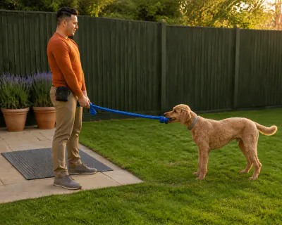 The man holding the tug toy completely still against his thigh while the poodle, still gripping it, stands and waits.