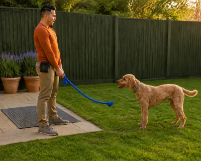 The poodle standing with its mouth open and the tug toy just released, the loose end dropping away from its jaws while the man holds the far end still.