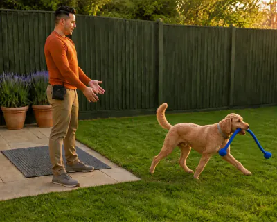 The poodle trotting away across the lawn with the blue tug toy in its mouth while the man stands with his hands open.