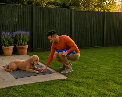 The poodle lying on a grey mat on the patio while the man crouches beside it and places a piece of food between its front paws, the tug toy tucked under his arm.
