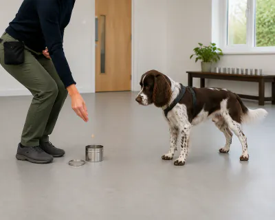 A liver-and-white Springer Spaniel standing a metre from a lone steel tin on a grey hall floor, head up and watching a woman's hand draw back from it.