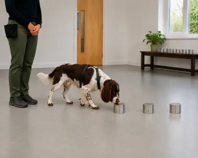 The spaniel walking slowly along three identical closed tins with its head low, sniffing the first lid while the woman stands still behind.