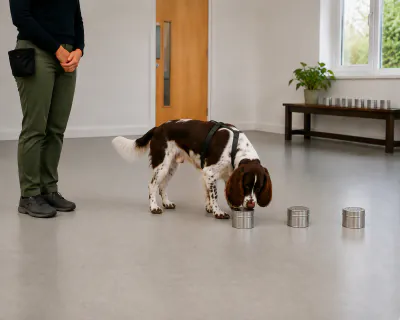 The spaniel standing motionless with its nose on the middle lid and its tail level, while the woman waits upright with her hands clasped.