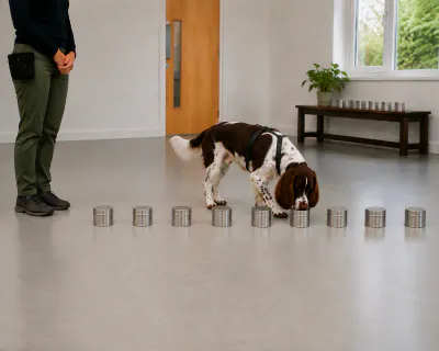 The spaniel working steadily along a straight line of eight steel tins across the hall floor, nose close to the lids, halfway down the row.
