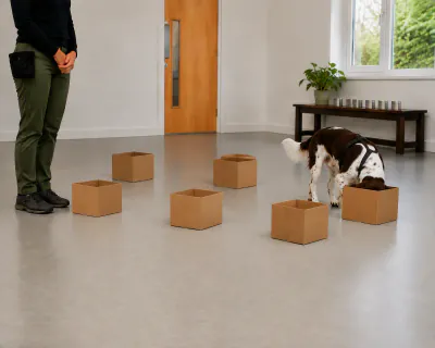 The spaniel with its head inside one of six plain cardboard boxes scattered over the hall floor, the other boxes open around it.