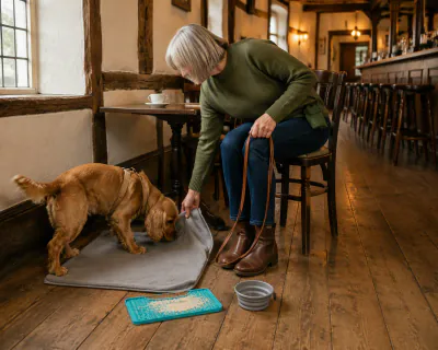 A golden working Cocker Spaniel stepping on to a grey fleece mat beside a wooden chair in a quiet pub with bare floorboards, while a woman lowers the mat's last corner.