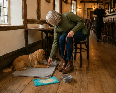 The Cocker Spaniel lying on the grey mat beside the chair while the seated woman leans slightly to place food on the mat between its front paws.