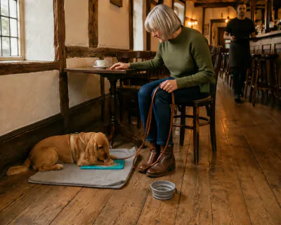 The Cocker Spaniel lying on the grey mat licking a flat rubber lick mat held between its front paws, the woman sitting back in her chair with a cup on the table.