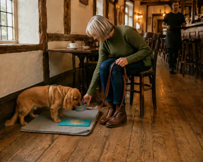 The Cocker Spaniel lifting its head from the mat to drink from a small grey collapsible bowl the woman holds at floor level beside her chair.