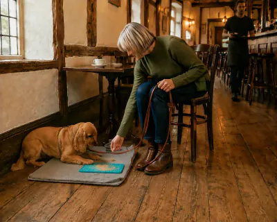 The Cocker Spaniel lying with its chin lowering towards the mat as a member of staff carrying a tray passes at the far side of the room, and the woman drops a piece of food beside its paws.