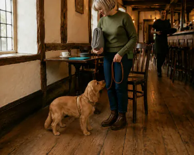 The woman standing and rolling up the grey mat under one arm while the Cocker Spaniel stands quietly at her side on a loose lead beside the table.