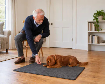 Illustration for teaching a puppy to settle on a mat