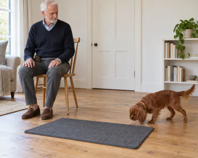 A ruby Cavalier King Charles Spaniel puppy walking towards a grey felt mat on the floor beside a man sitting in a wooden chair.