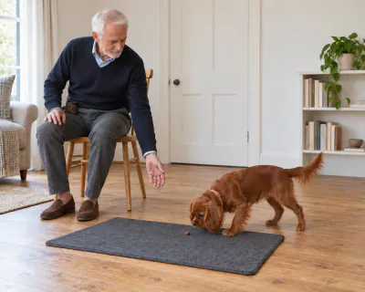 The puppy with one front paw on the grey mat as a piece of food lands on the mat beside that paw, dropped from the man's hand.